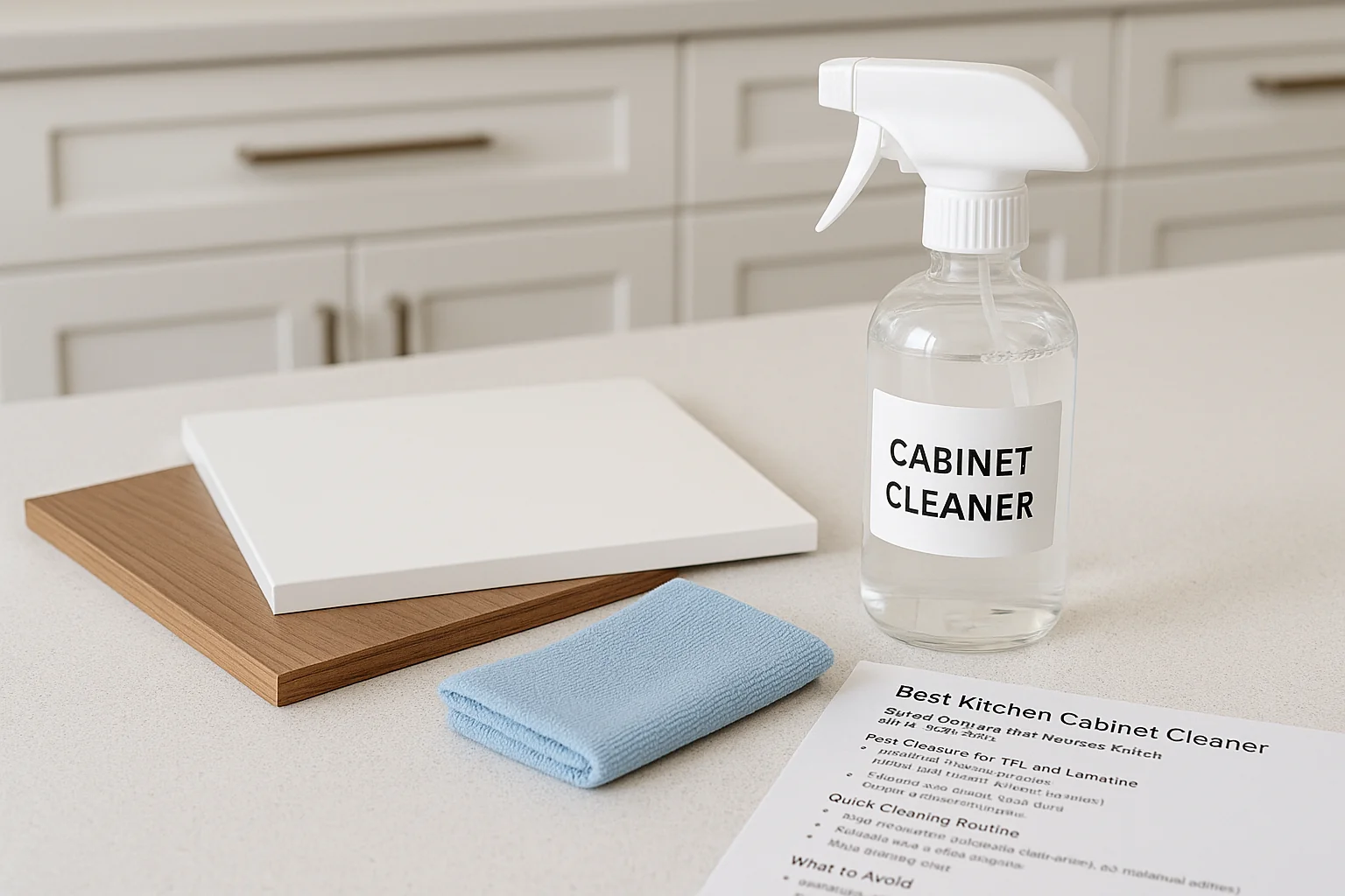Microfiber cloth, gentle cabinet cleaner spray, and TFL cabinet door samples on a kitchen countertop