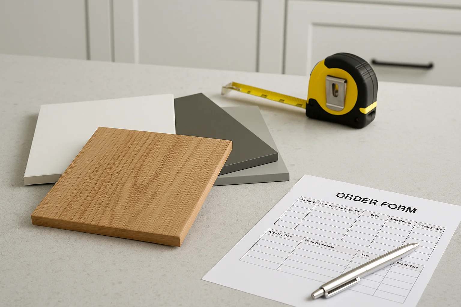 Cabinet door samples, tape measure, and order form on a modern kitchen counter