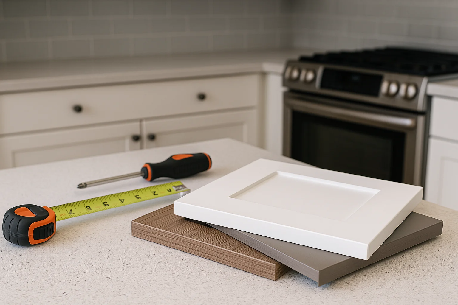 Installer aligning a new TFL cabinet door with concealed hinges in a modern kitchen