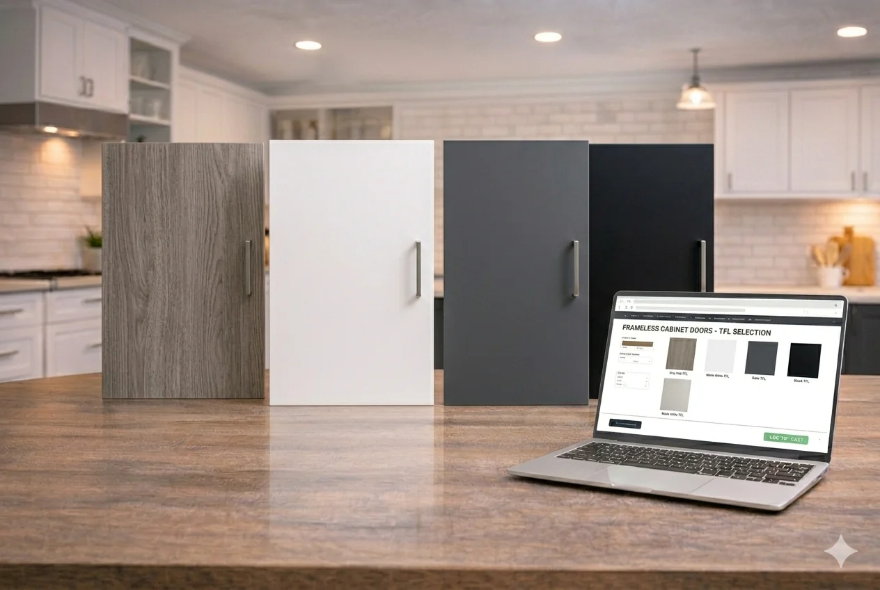 Frameless cabinet doors with European-style full overlay design