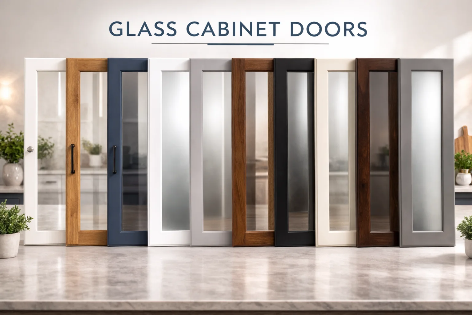 Glass cabinet doors with TFL frames for kitchen display cabinets