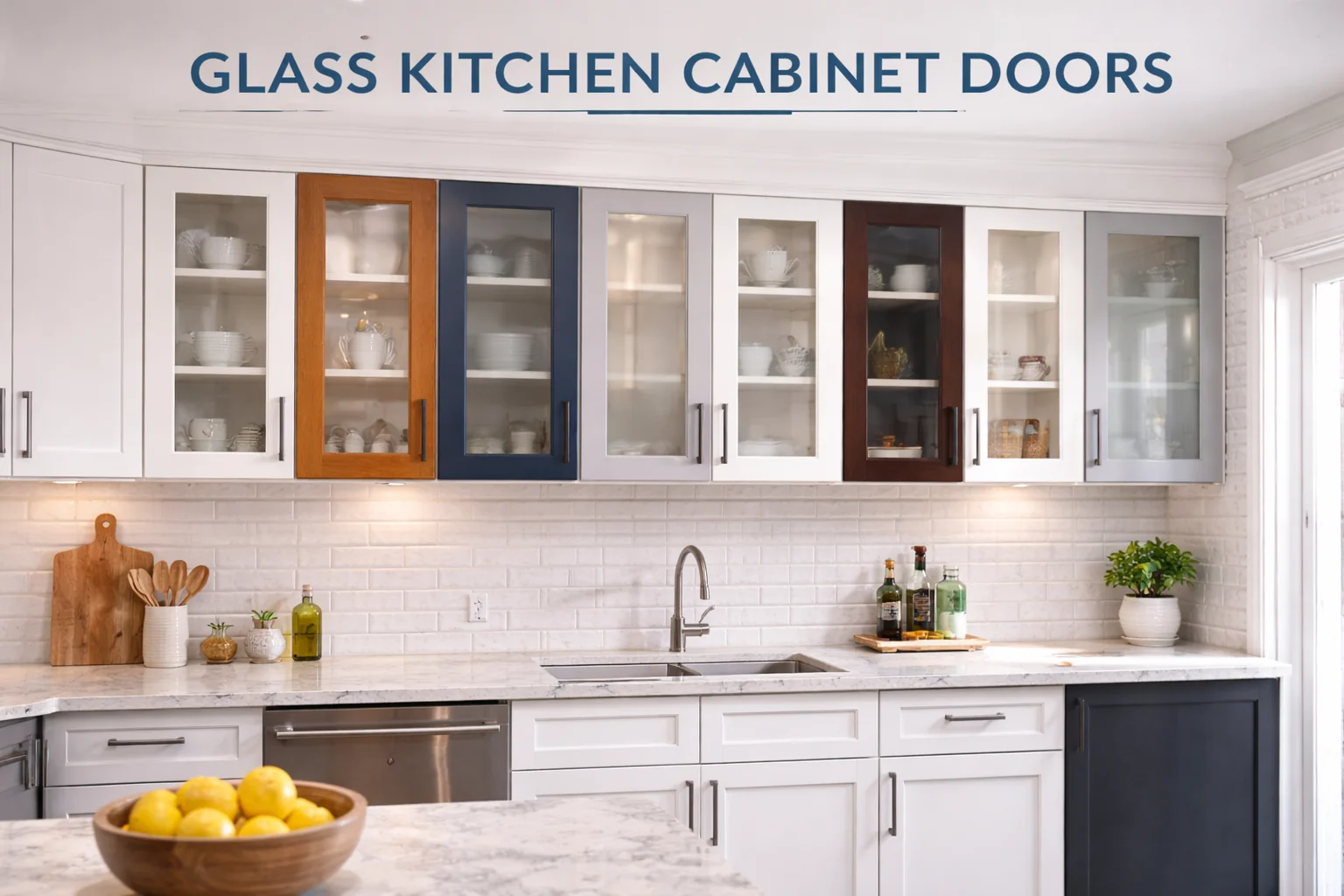 Glass kitchen cabinet doors for displaying dishes and decor