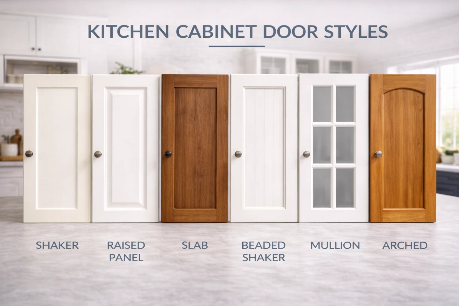 Different kitchen cabinet door styles including slab and shaker