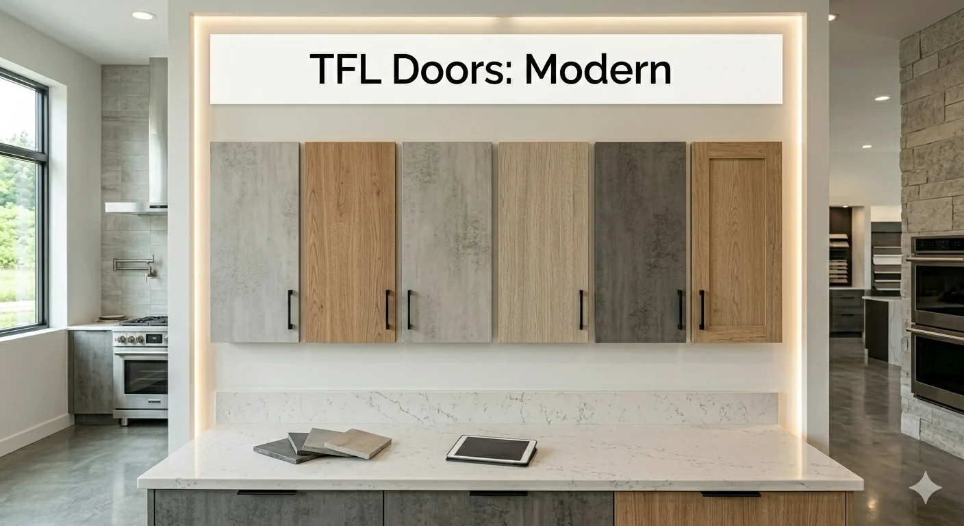 Modern TFL cabinet doors next to high-gloss acrylic doors